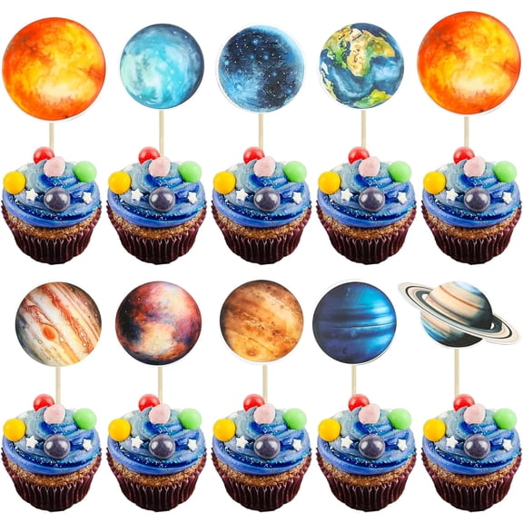 36Pcs Outer Space Cupcake Toppers Planet Rocket Spaceship Trip to the Moon Star Cupcake Picks Solar System Galaxy Universe Planets Birthday Cupcake Decorations Party Supplies