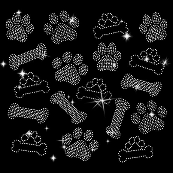 36Pcs Paw Prints and Bones Patterns Rhinestone Iron on Hotfix Transfer Bling Patch Clothing Repair Applique Heat Transfer Decal for T Shirt Pants Bags