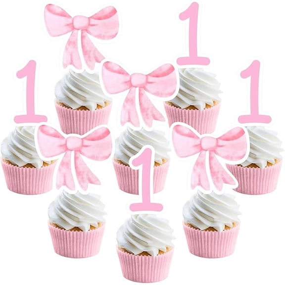 36Pcs Pink Bow 1st Birthday Cupcake Toppers Pink Bow Princess Theme Cake Decorations First Birthday Cupcake Toppers Double Sided Pink Bow Cupcakes for Baby Girl's 1st Birthday Party Supplies