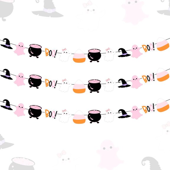 36Pcs Pink Halloween Boo Banner Garland Halloween Party Decorations Ghost Witch Hat Boo Garlands Cute Boo Hanging Decoration Photo Booth Background for Girls Birthday Baby Shower Party Decor Supplies