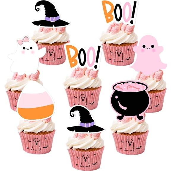 36Pcs Pink Halloween Boo Cupcake Toppers Baby Shower Decorations Ghost Witch Hat Boo Cake Decorations for Gilrs Halloween Boo Theme Birthday Party Baby Shower Decro Supplies