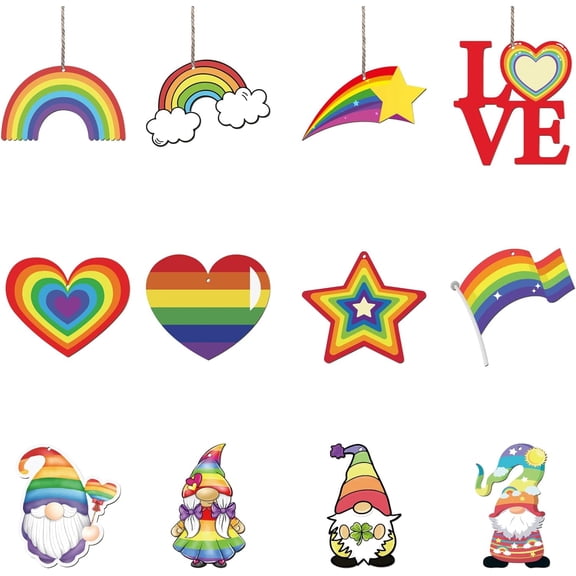 36Pcs Rainbow Wooden Pendant Decorations Christmas Gnome Heart Love Flag Hanging Ornaments Tags Wooden Slices Tree Decor with Jute Cord Ropes