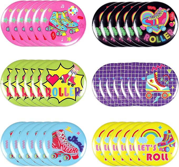 36Pcs Roller Skate Party Favors, Roller Skating Button Pins Bulk for Roller Skating Birthday Party Decorations, Tinplate Badge Pins for Retro 90s Throwback Hip Hop Baby Shower Party Supplies