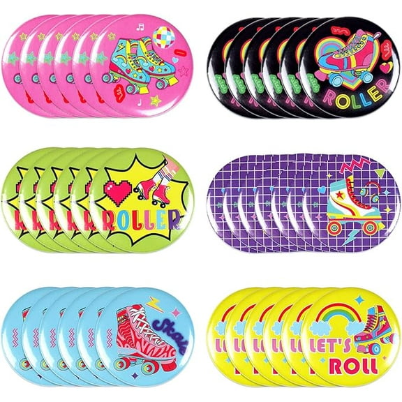 36Pcs Roller Skate Party Favors, Roller Skating Button Pins Bulk for Roller Skating Birthday Party Decorations, Tinplate Badge Pins for Retro 90s Throwback Hip Hop Baby Shower Party Supplies