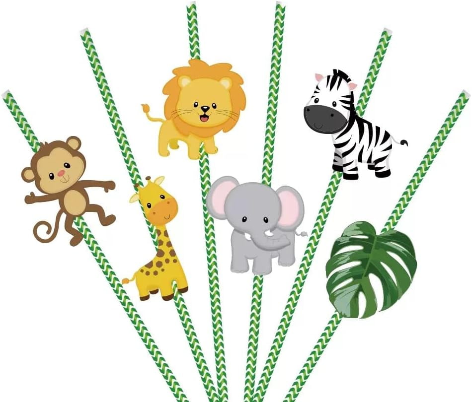 36Pcs Safari Animal Paper Straws, Jungle Safari Drinking Straws Jungle Party Favors, Wild One Baby Shower Decorations, Safari Theme Birthday Party Supplies