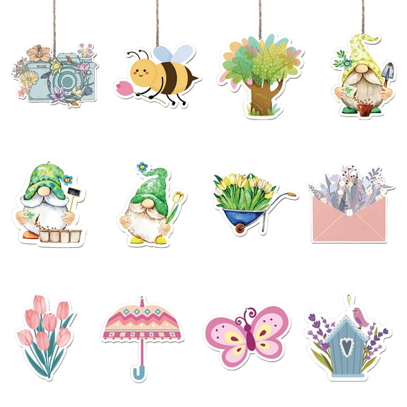 36Pcs Spring Wooden Ornaments Flower Wooden Pendant Decorations Tulip Gnome Floral Hanging Ornaments Tags Wooden Ornaments Craft Tree Decor with Jute