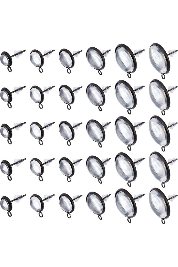 36Pcs Stainless Steel DIY Stud Earring Finding Making Kit Flat Round Stud Earring Settings with Loop Transparent Glass Cabochons for DIY Earring Making
