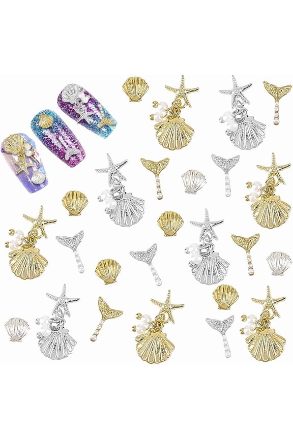 36Pcs Summer Beach Nail Art Charms Alloy Mermaid Silver Gold Rhinestones Nails Fish Tail Conch Pearl Shell Studs Accessories Crafts for Women DIY Designs Rivets Supplies Manicure Decoration