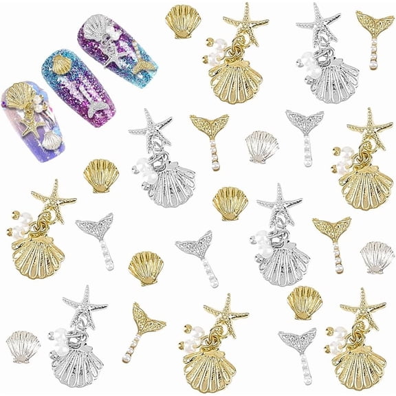 36Pcs Summer Beach Nail Art Charms Alloy Silver Gold Rhinestones Nails Fish Tail Conch Pearl Shell Studs Accessories Crafts for Women DIY Designs Rivets Supplies Manicure Decoration Multi-color