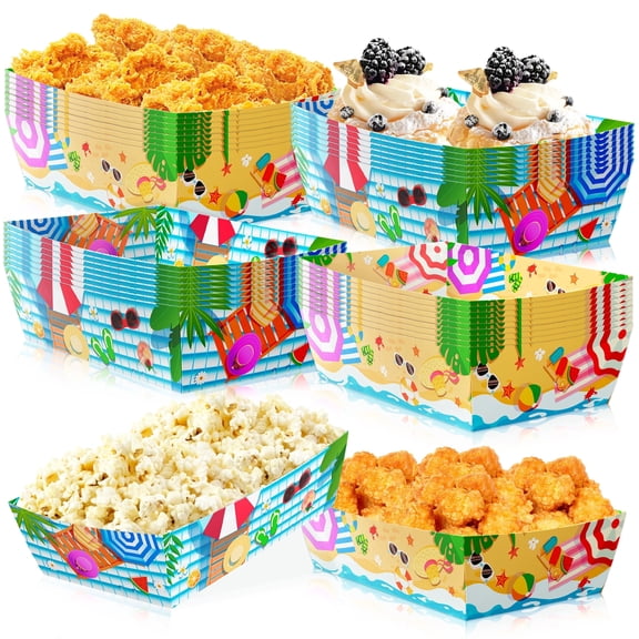 36Pcs Summer Pool Paper Food Trays, Hawaiian Tropical Snack Boat Trays, Disposable Popcorn Holders for Beach, Pool and Luau Party Decor Supplies