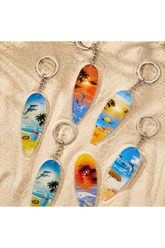 36Pcs Surfboard Keychain Party Favors, Wooden Beach Theme Key Ring Gifts with Tropical Designs for Summer Events