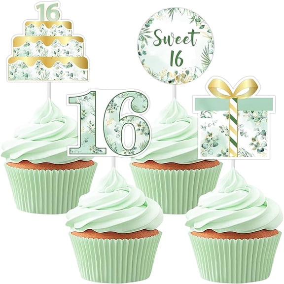 36Pcs Sweet 16 Birthday Cupcake Toppers Sage Green, Double Sided Cheers To 16 Happy Birthday Cake Decorations, Sweet Sixteen Party Centerpieces for Girls