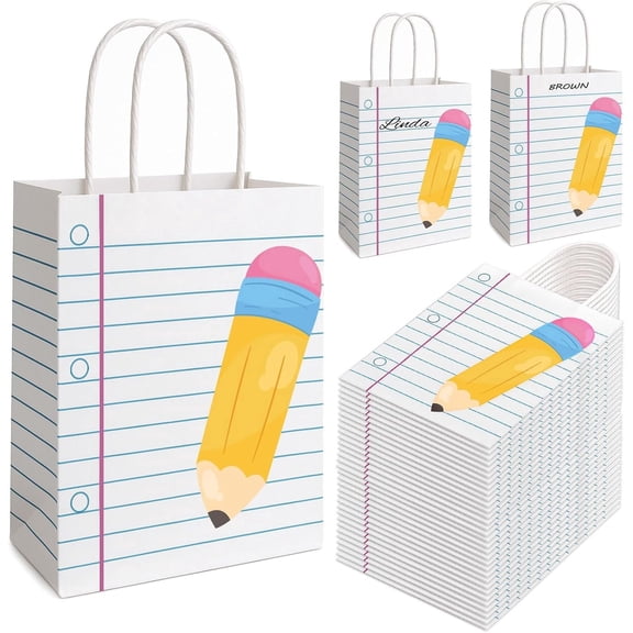 36Pcs Teacher Gift Bags Bulk, Pencil Notebook Line School Supplies Gift Wrap Bags with Handles for Teacher Appreciation End of Year Graduation