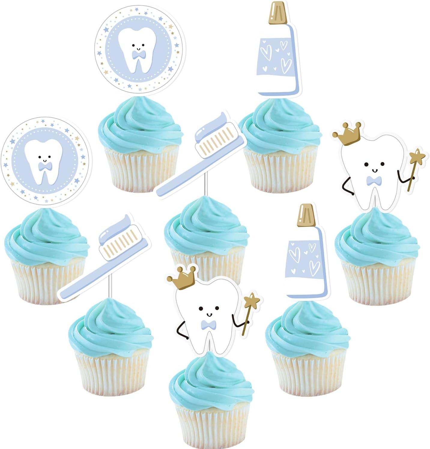 36Pcs Tooth Cupcake Toppers Blue First Tooth Cake Decorations Dental Themed Baby Shower Cupcake