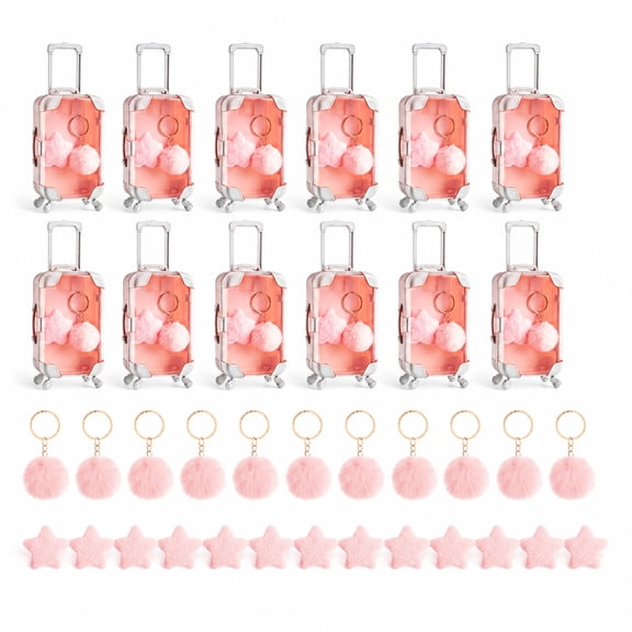 36Pcs Travel Theme Party Favor Set, 12 Mini Suitcase Gift Boxes with 12 Plush Pom Keychains and 12 Star Hair Clips, Pink Mini Luggage Storage Containers for Wedding Favors, Bridal Shower Gifts