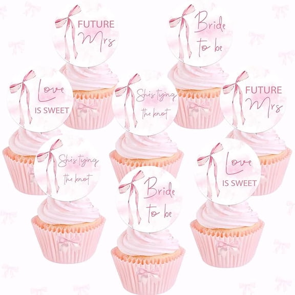 36Pcs She's Tying the Knot Cupcake Toppers Bow Bride to Be Bachelorette Party Cake Decorations Double Sided Printed Cupcake Toppers Round for Women Bridal Shower Engagement Wedding Party Supplies