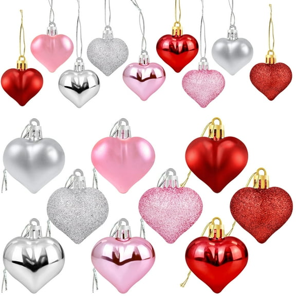 36Pcs Valentines Heart Shaped Ornaments - Valentines Heart Decorations - Red Pink Silver Glitter Hearts Shaped Baubles - Romantic Christmas Valentine's Day Tree Hanging Decorations