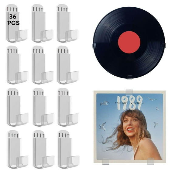 36Pcs Vinyl Record Display Shelf, Clear Acryllic Vinyl Record Wall Mount Music Album Cover Holder Vinyl Record Hangers Self Adhesive Wall Storage Hangers for Home Office Bedroom Decoration