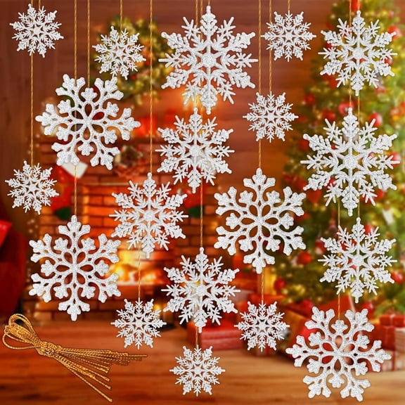 36Pcs White Glitter Snowflake Ornaments, Snowflake Christmas Tree Ornaments Decorations for Winter Wonderland Christmas Party Decorations