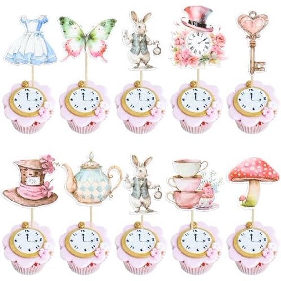 36Pcs Wonderland Cupcake Toppers Tea Party Cake Decorations Butterfly Flower Bowl Key Clock Eat Me Cupcake Picks for Baby Shower Birthday Kids Birthday Party Decorations