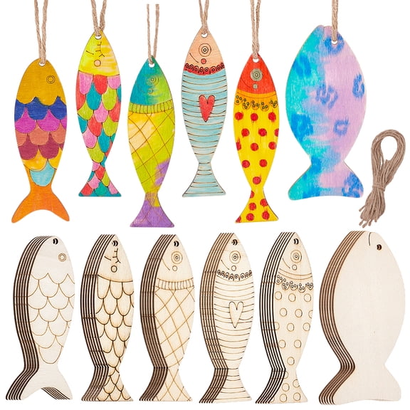 36Pcs Wooden Fish Cutouts 6 Style Unfinished Wood Ornament Blank Fish Shaped Wooden Hanging Ornaments with Hemp Rope Crafting