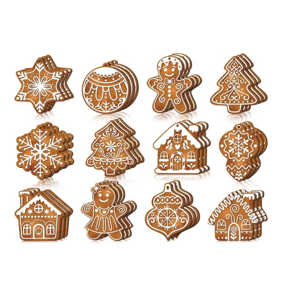 36Pcs Wooden Gingerbread Snowflake Christmas Tree Ornaments, Hanging Winter Xmas Decor with Ropes for Holiday Party & DIY Winter Crafts