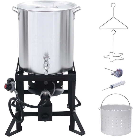 36Qt Turkey Fryer with Propane Burners, Aluminum Turkey Fryer Pot Basket, Propane Deep Fryer for Outdoor Cooking, Seafood Boil with Spigot, Timer, Marinade Injector, Turkey Rack