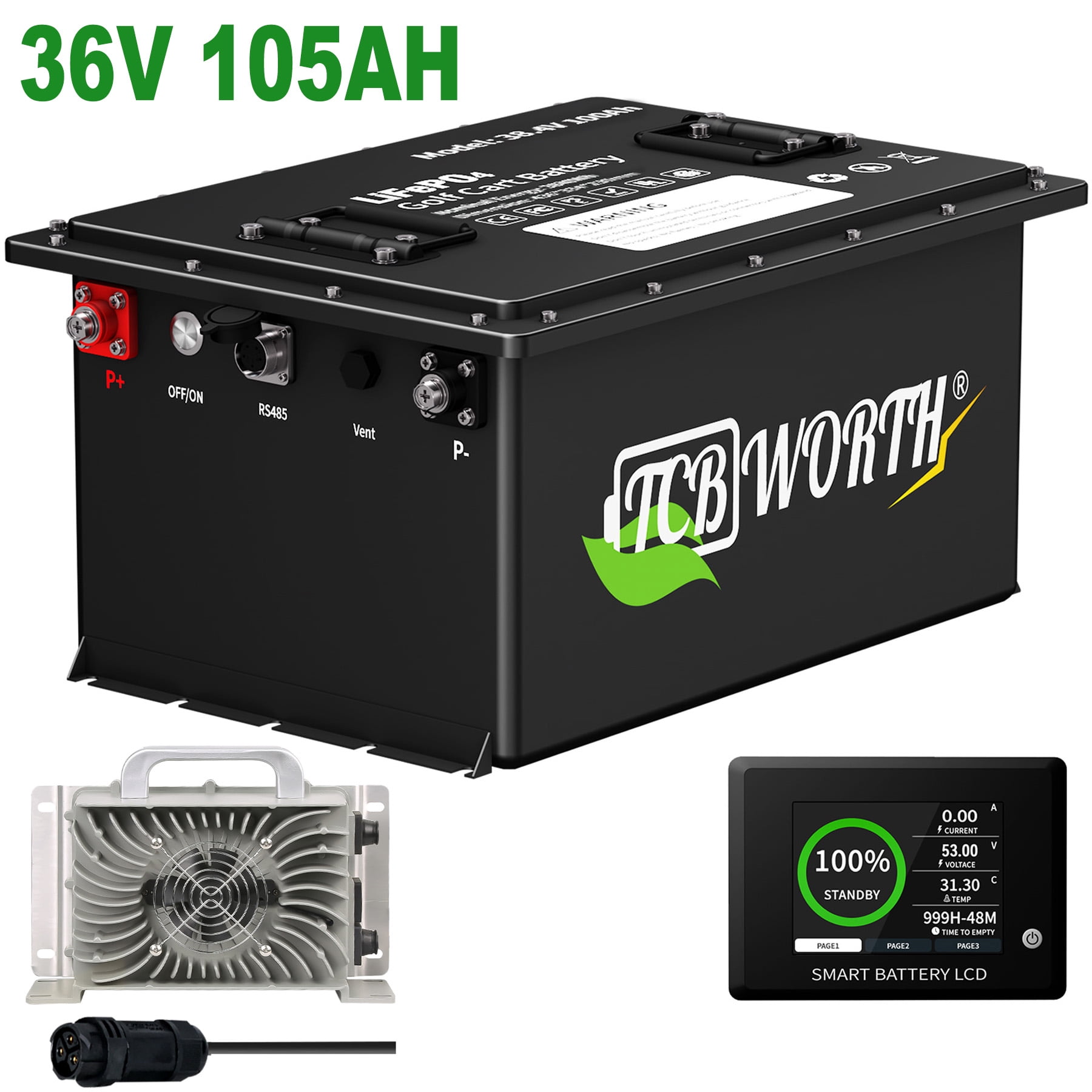 36V 105Ah Golf Cart LiFePO4 Battery Bluetooth,with Battery Monitor APP & 20A Charger,for RV Marine Solar,Built in 200A BMS,15000+Deep Cycles