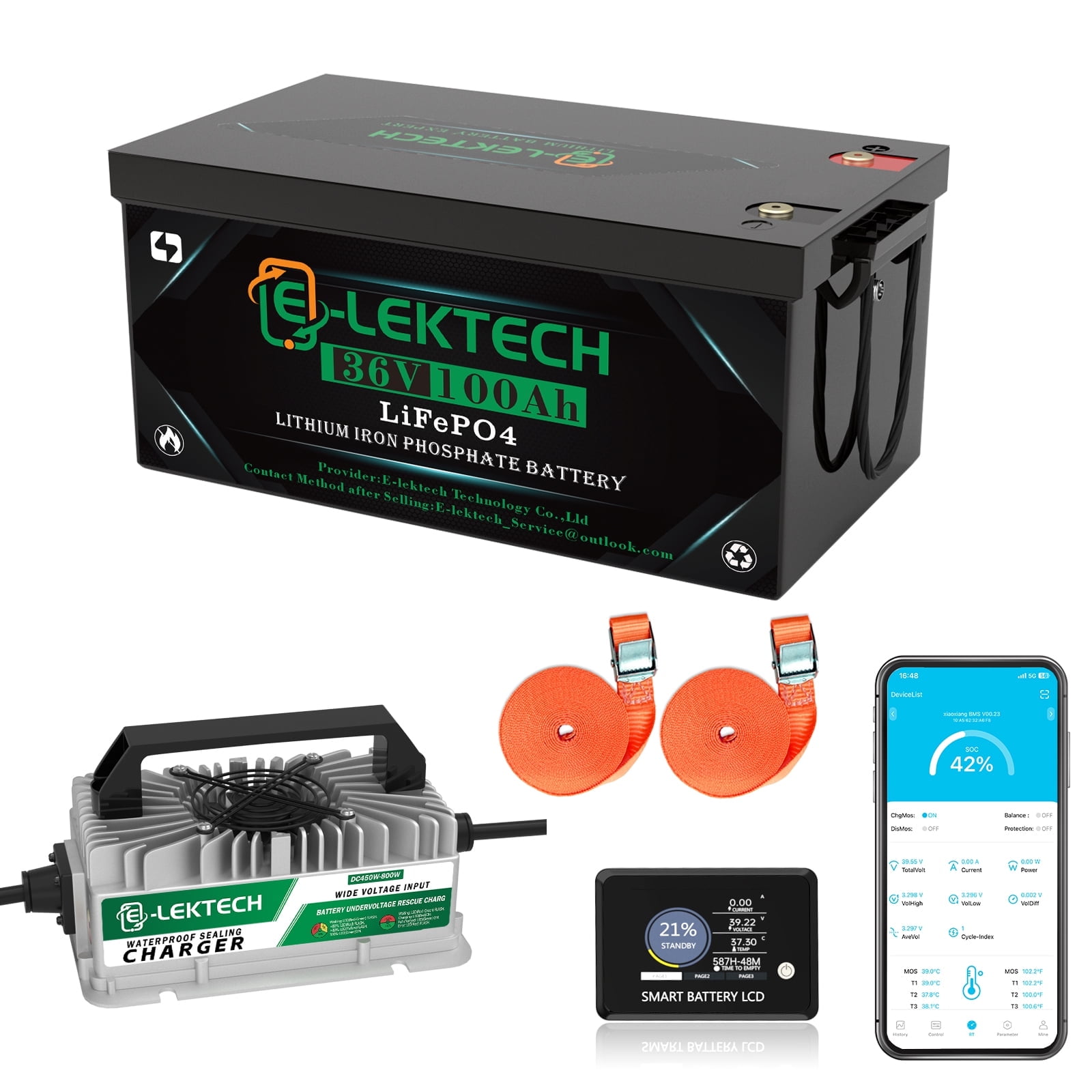 36V 100Ah Golf Cart LiFePO4 Lithium Battery with Charger, Built-in 200A BMS, 3.84kWh Capacity, Perfect for Golf Cart, RV, Solar, Marine