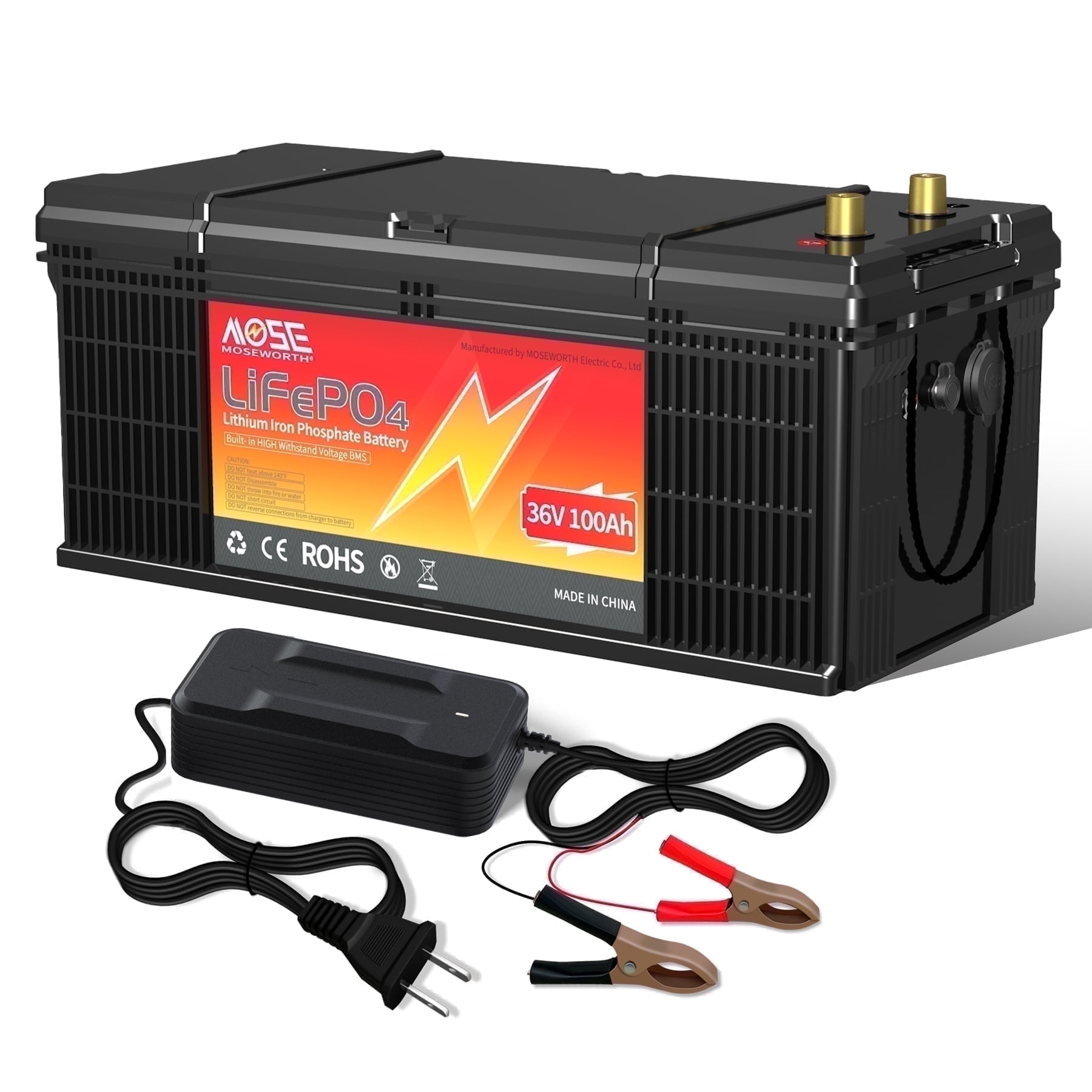36V 100Ah LiFePO4 Battery,200A BMS,MOSEWORTH for Golf Cart,RV,Marine,Trolling Motor,Solar,Camping,15000+Deep Cycles Battery with Charger