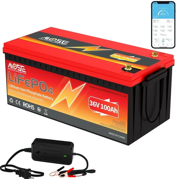 36V 100Ah LiFePO4 Battery,200A BMS,MOSEWORTH for Golf Carts,RV,Marine,Trolling Motor,Solar,Camping,Boat,15000+Deep Cycles Battery with a Charger