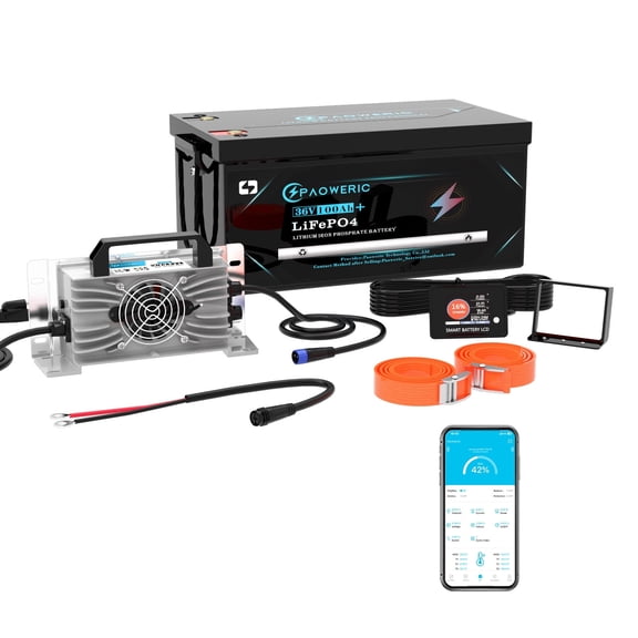 36V 100Ah LiFePO4 Lithium Battery for Golf Cart, Built-in 200A BMS, Max.7680W Power Output, Perfect for Golf Cart, RV, Off Grid