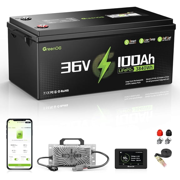 36V 100Ah LiFePO4 Lithium Golf Cart Battery Built-in 200A BMS Bluetooth APP LCD Monitor 43.8V 20A Charger