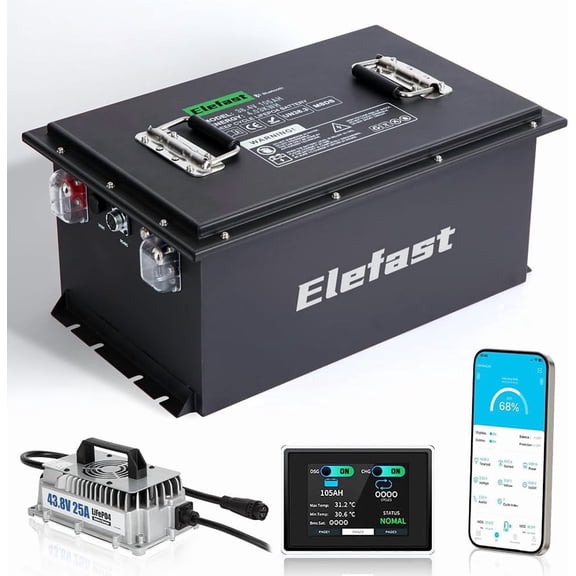 36V 105AH Lithium Golf Cart Battery with 2.8-inch LCD Touchscreen and 25A Fast Charger,Built-in Bluetooth and 200A BMS,Up to 6000+ Deep Cycle,Perfect for Golf Carts,Club Car,Lawnmower