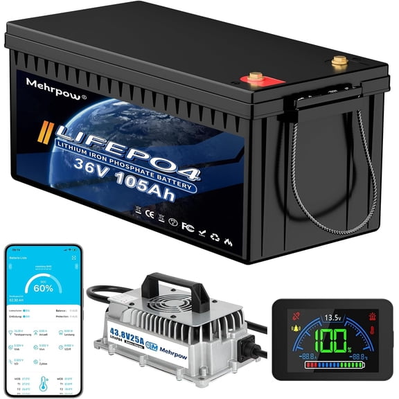 36V 105Ah LiFePO4 Golf Cart Battery with 200A BMS Bluetooth LCD Display 43.8V 25A Charger Mobile APP 10000 Deep Cycles Rechargeable 36V Lithium Battery for Golf Cart ATV Lawn Mower and Off Grid