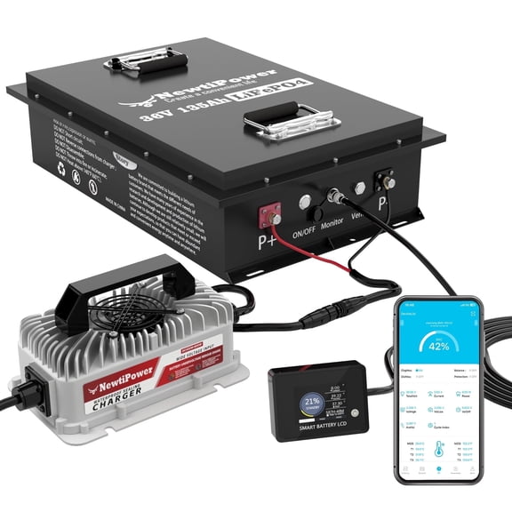 NewtiPower 36V 135Ah LiFepo4 Lithium Battery with 200A BMS&APP, Top Post for Golf Cart