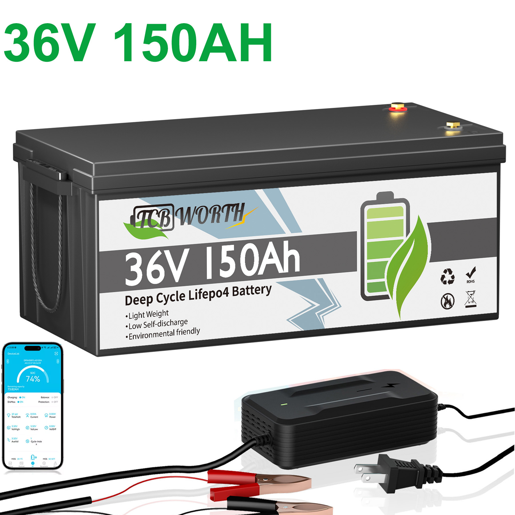 36V 150Ah LiFePO4 Lithium Battery Bluetooth,TCBWORTH Golf Carts Battery for RV,Marine,Trolling Motor,Solar,Boat,Camper,Smart 200A BMS,15000+ Deep Cycles