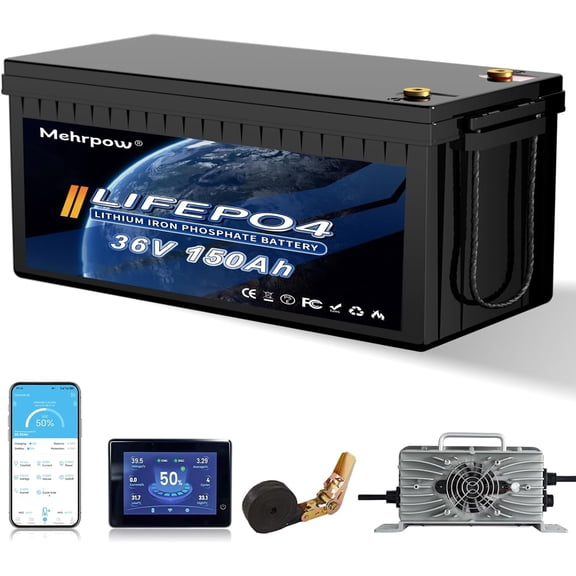 36V 150Ah LiFePO4 battery, built-in Bluetooth 200A BMS and LCD display, IP65 waterproof and dustproof, equipped with 43.8V 25A lithium battery charger, peak current 1000A, perfect for golf carts