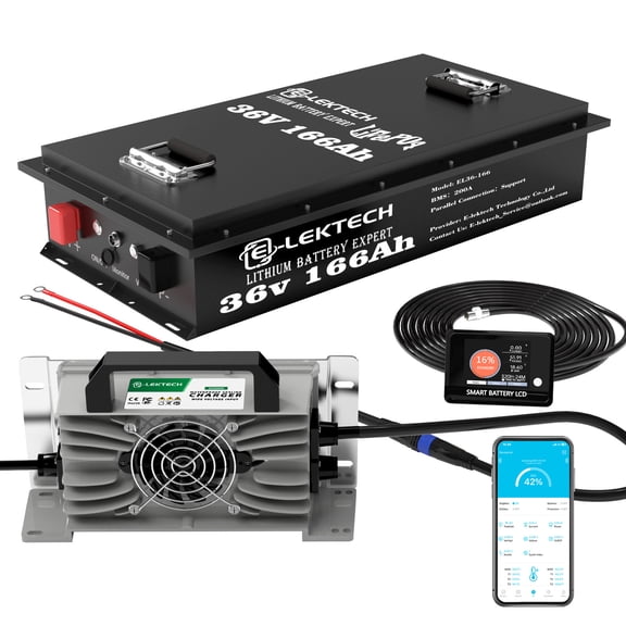 36V 166Ah Golf Cart LiFePO4 Lithium Battery, 10000+ Deep Cycles, 200A BMS, 6374Wh Energy, Perfect for Off-Grid, RV, Solar Power System, Home Backup