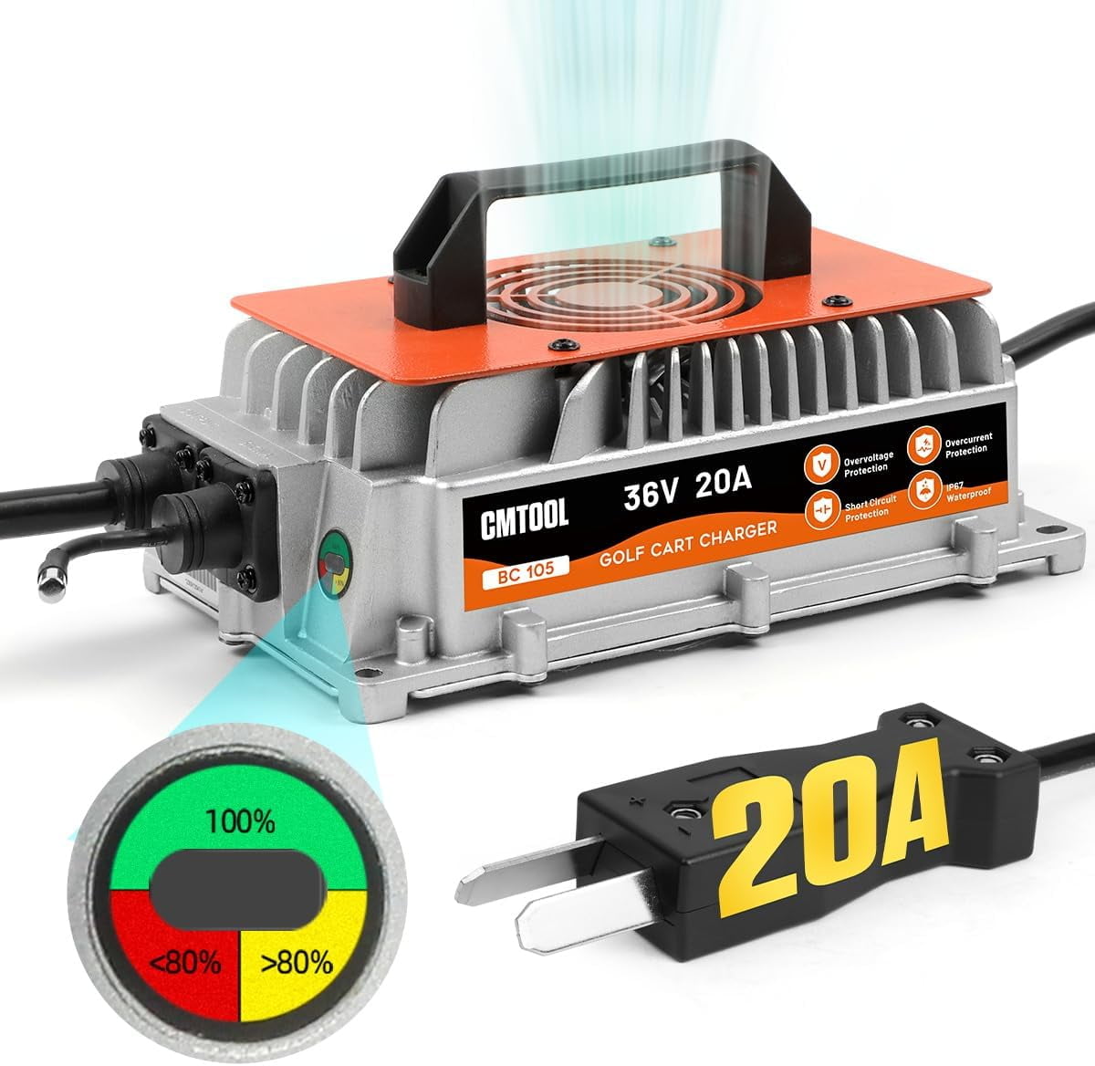 36V 20A Golf Cart Battery Charger for EZGO/Yamaha/Club Car IP67 Waterproof Fully Automatic Smart Fast Charging with 16Ft Cable for Lead-Acid Batteries