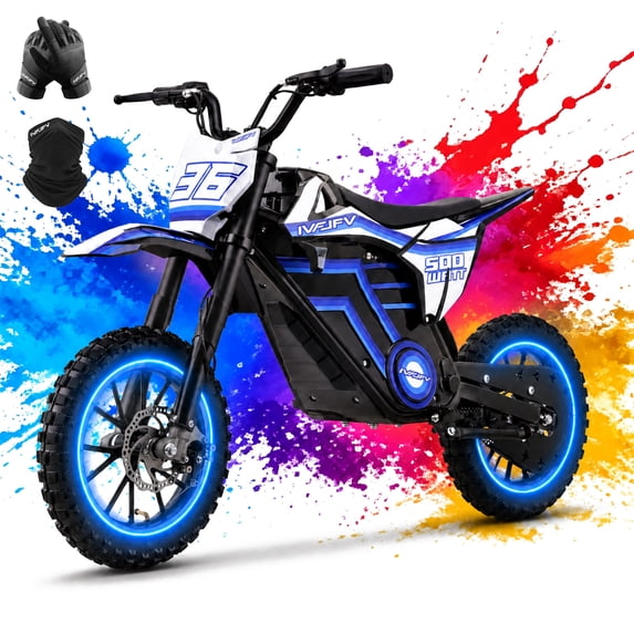 36V 500W Electric Dirt Bike for 12+ Years,Off-Road Use Only,IVFJFV Motorized Dirt Bike with Dual Speed Mode & Max 15 MPH,F & R Disc Brakes & Shock Absorption,All-Terrain Off-Road Tires,Blue