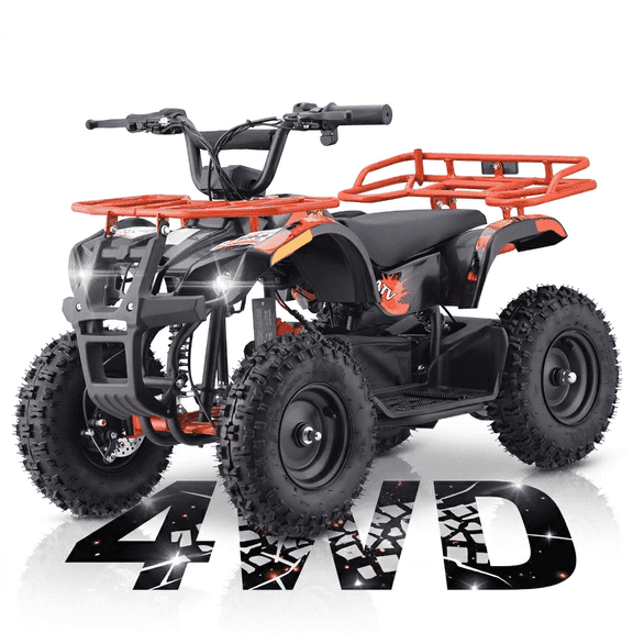 36V Electric 500W Motor 4‑Wheeler with Dual Shock Absorber Suspension, IVFJFV 4‑wheel Off‑Road Tires & Anti‑Collision Safety Flag for Age 8‑14 for Backyard Leisure & Rough Ground Trips,Orange
