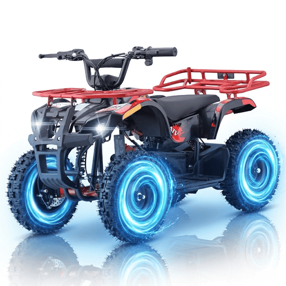 36V Electric 500W Motor 4‑Wheeler with Front & Rear Suspension, IVFJFV Electric 4‑wheel Off‑Road Deep‑Tread Tires & Safety Warning Flag & Bright LED Headlights,Red