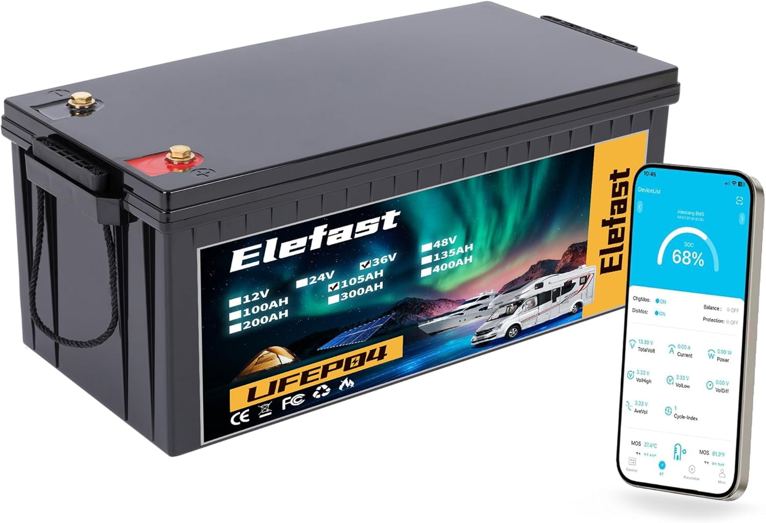 36V Lithium Golf Cart Battery 105ah Lifepo4 Battery 100ah Built-in Bluetooth and 200A BMS,Up to 6000 Deep Cycle Battery,Perfect for Golf Carts,Trolling Motor,Club Car,Marine