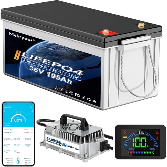 36V105Ah lithium golf cart Battery built-in Bluetooth 200A BMS and LCD display 25A Charger 8000+ Cycles Rechargeable Lithium Battery,Perfect for Golf Carts