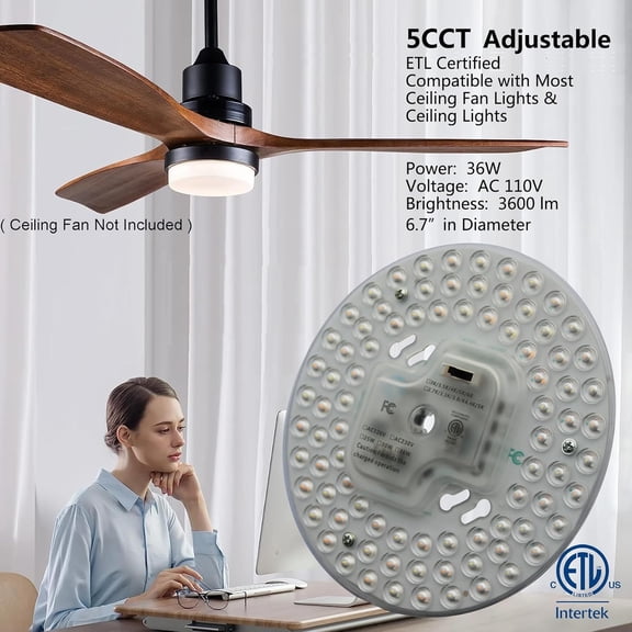 36W 5CCT Dimmable LED Ceiling Fan Flush Mount Light Engine Retrofit Kit Replacement, Round LED Panel Circle Fluorescent Bulb, ETL Certified (1 Pack)