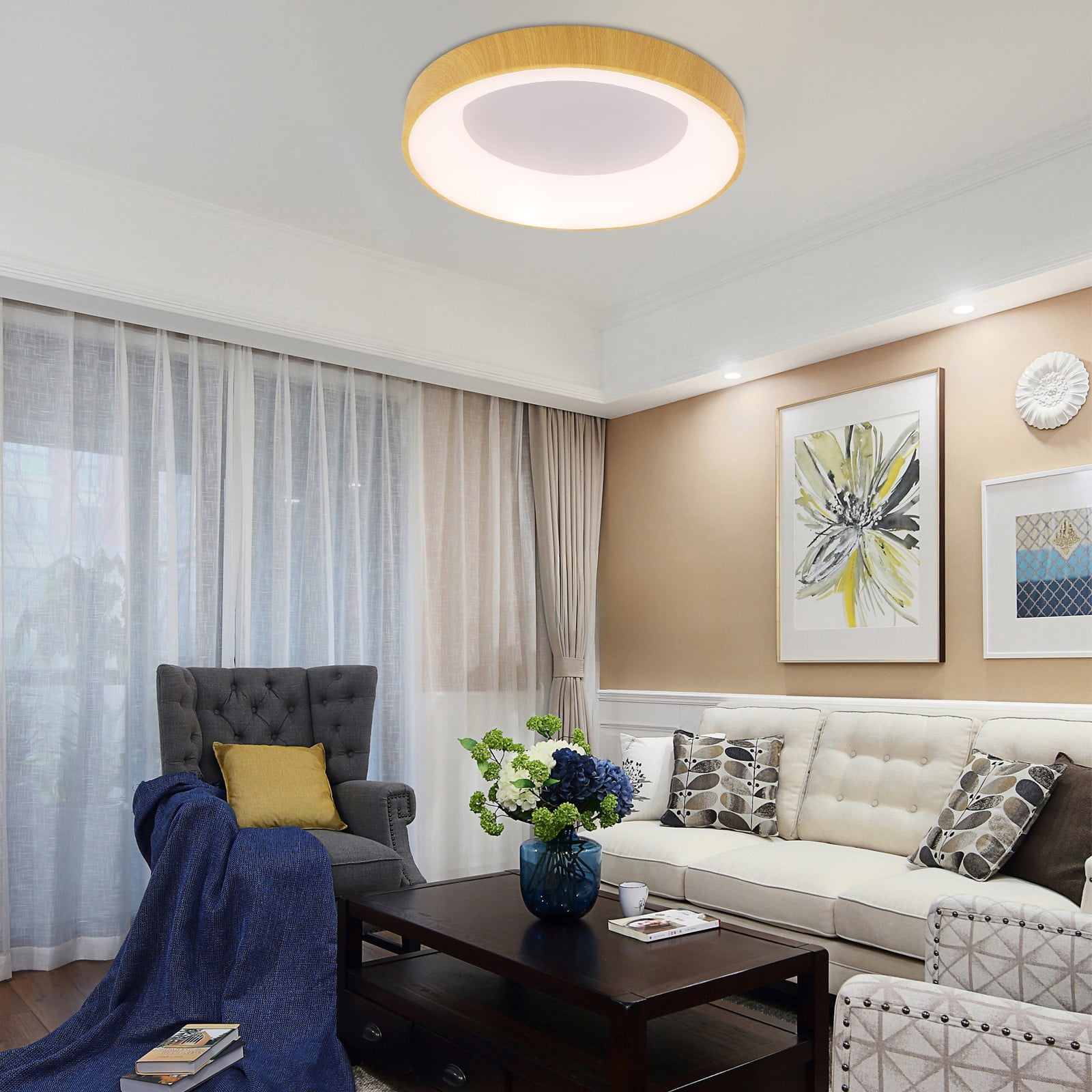 36W 6*47cm Round Ceiling Light Fixture Wood+White  Minimalist Round Ceiling Lamp for Bedrooms Kitchens Study Rooms