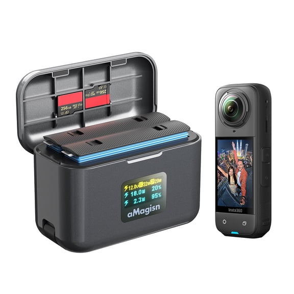 36W Dual-Port Fast Charging Box is Compatible with Insta360 X5 Batteries, USB-C PD Smart Charger with Display Screen, Dual Battery Charging Case & Storage
