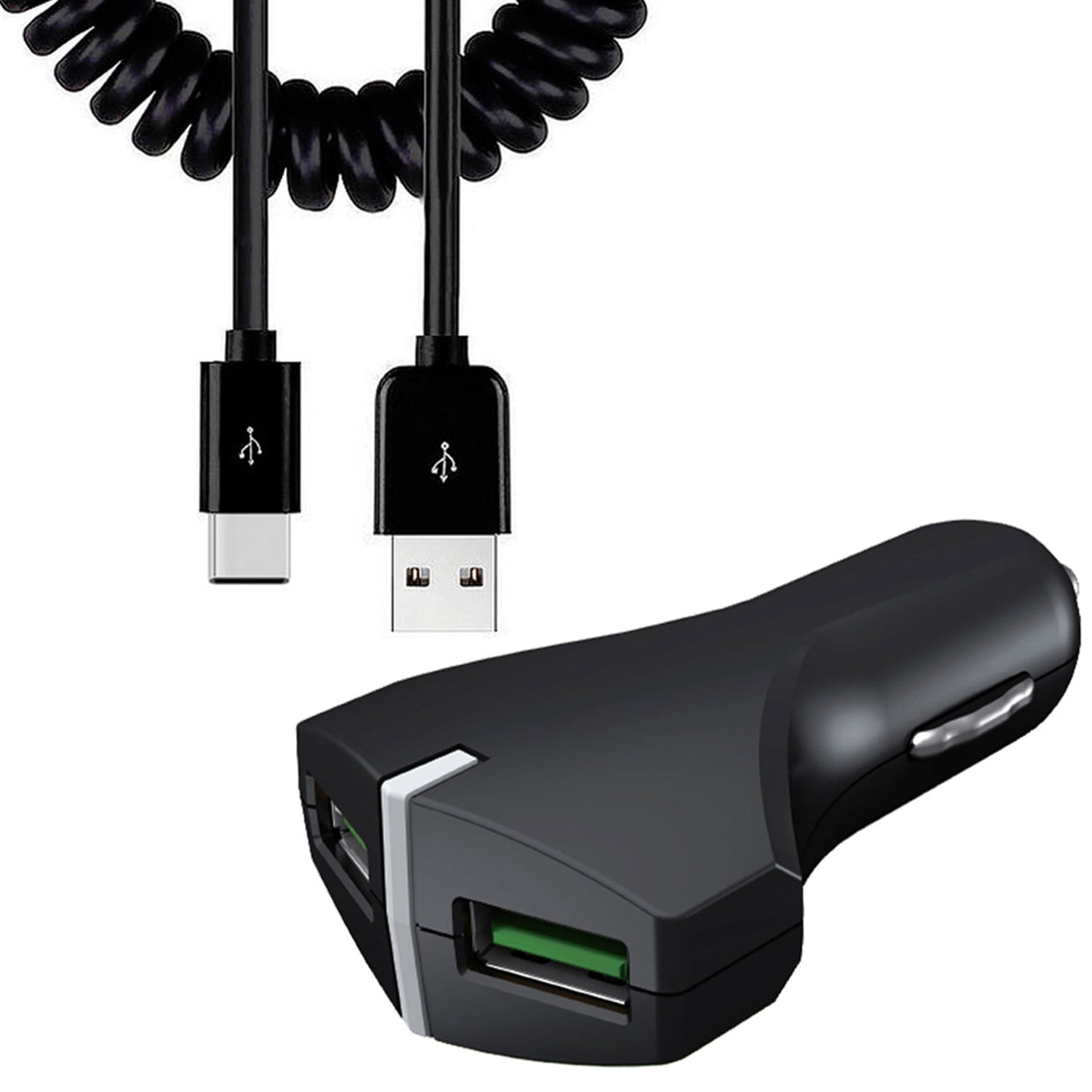 36W Fast Car Charger for Nokia C110/C210/C100 - 2-Port USB Coiled Cable Type-C Quick Charge DC Socket