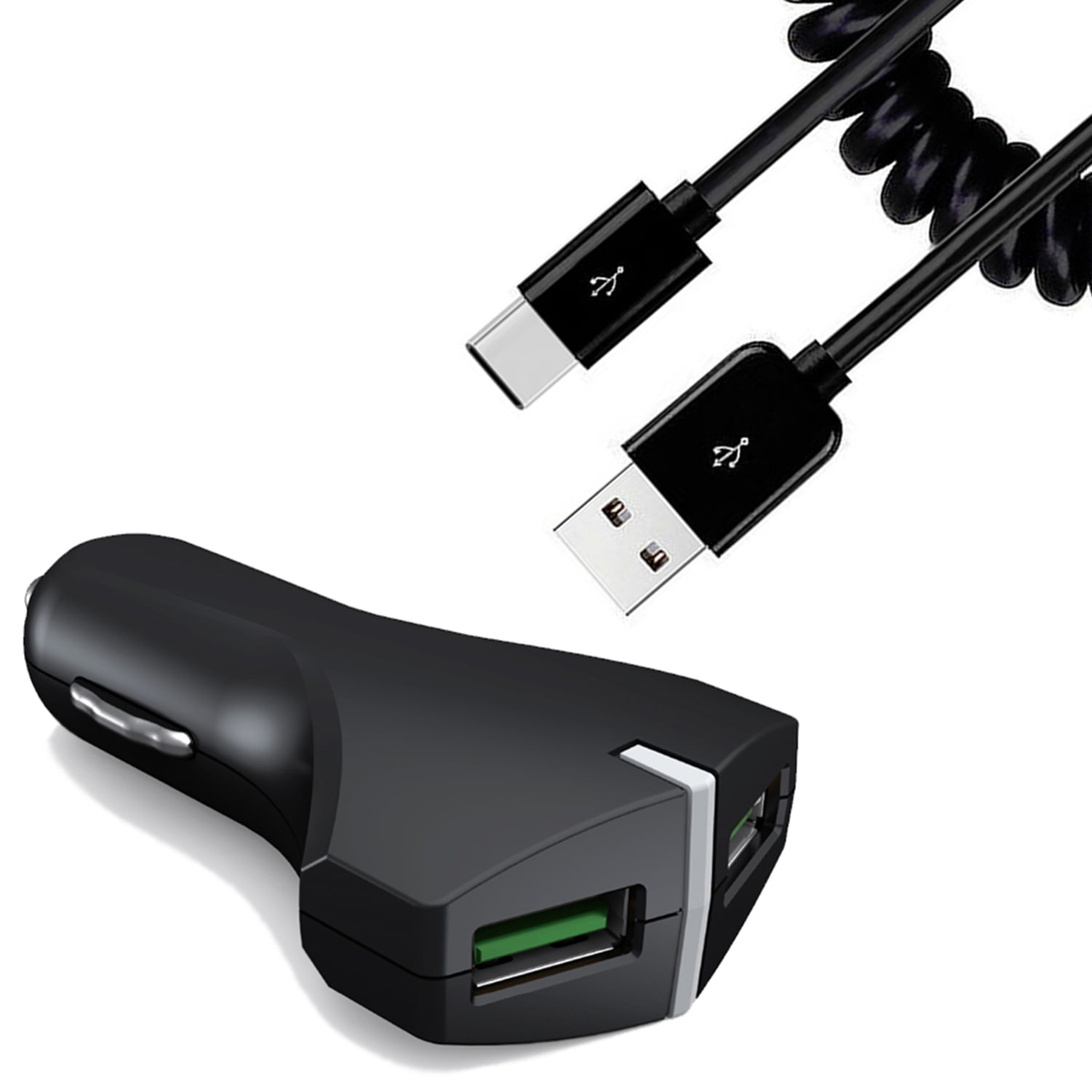 36W Fast Car Charger for iPhone 15/Pro/Max/Plus - 2-Port USB Coiled Cable Type-C Quick Charge DC Socket